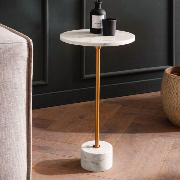 Wohnling Tavolino In Vero Marmo Metallo 30X30X55,5 Cm Tavolino Bianco Oro Piccolo Tavolino Rotondo Tavolo Soggiorno Divano Tavolo Moderno In Marmo-image
