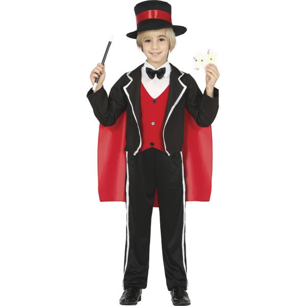 Costume Da Mago Classico Da Palcoscenico Per Bambini Con Mantello E Cappello A Cilindro Abbigliamento Elegante Carnevale Del Xix Secolo, Taglia: 128/134 Colore: Nero-image