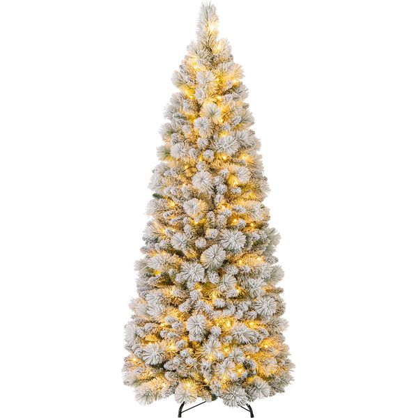 Costway Albero Di Natale Artificiale Da 180 Cm Con Luci, Albero Di Natale Pop-Up Con 170 Luci Led Bianco Caldo E 517 Punte Di Rami, Albero Di Natale Floccato-image