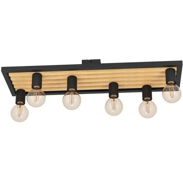 Eglo Deckenleuchte "Consett Deckenlampe, E27, Vintage, Stahl Und Holz, Wohnzimmerlampe", Braun (Schwarz, Braun), 6, H: 11,5Cm, 1 Stk., Leuchten, Deckenleuchte, L78 X B25 X H11,50 Cm, Schwarz, Braun, 6X40W Exkl., Deckenleuchte-image
