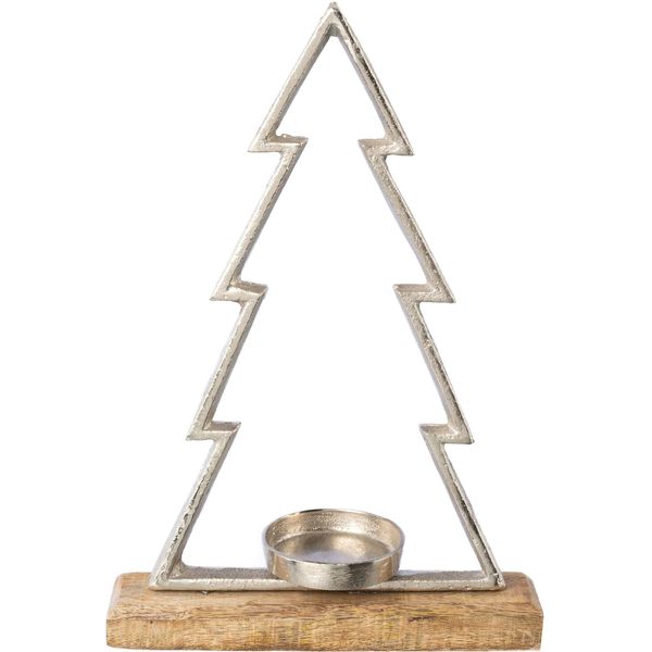 Teelichthalter Creativ Deco "Weihnachtsdeko", Silber (Silberfarben, Natur), B:23Cm H:34Cm T:8Cm, Aluminium, Holz Teilmassiv, Kerzenhalter, Teelichthalter, Auf Hochwertiger Mangoholzplatte, In Tannenbaum-Form, HöHe Ca. 34 Cm-image