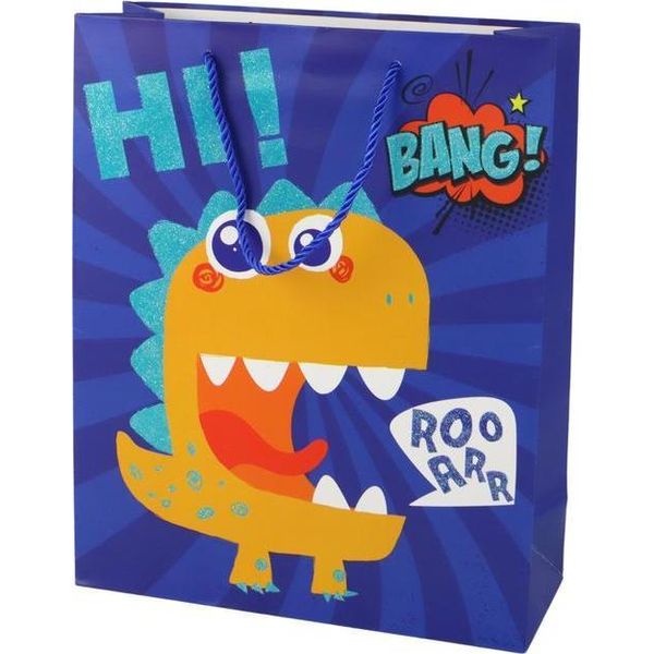 Sacchetto Regalo In Carta Blu Con Motivo Di Dinosauro, 32 Cm X 26 Cm X 10 Cm-image