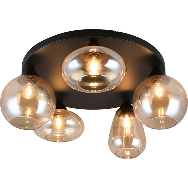 Trio Leuchten Deckenleuchte "Lumina, Deckenlampe 5-Flammig Mit Glasschirm, Exkl 5X E14, Max 10W", Amber, Schwarz Matt, 5, Ø 63,5Cm H: 24,5Cm, 1 Stk., Leuchten, Ø 64 Cm HöHe 25 Cm, Spiegelnde Glas Lampenschirme In 3 Modernen Formen, Deckenleuchte-image