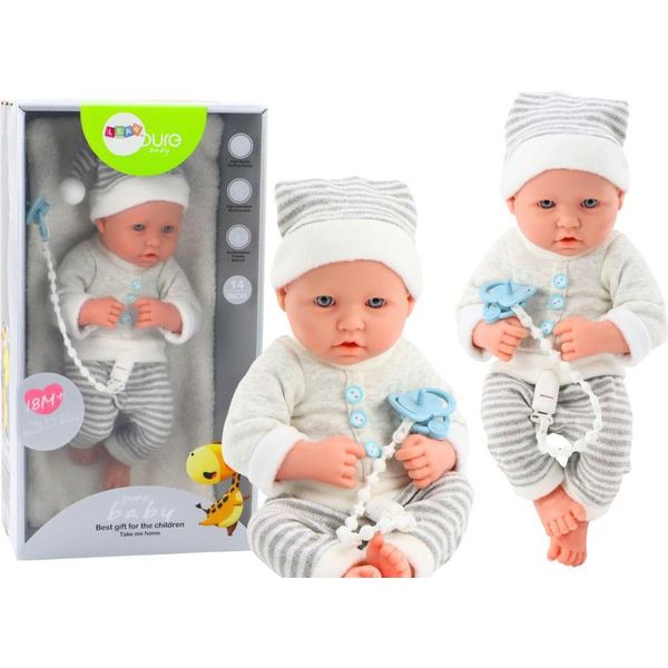 Bambola Bebè Con Vestiti A Righe Bianche E Grigie, Cappello, Ciuccio, Coperta-image