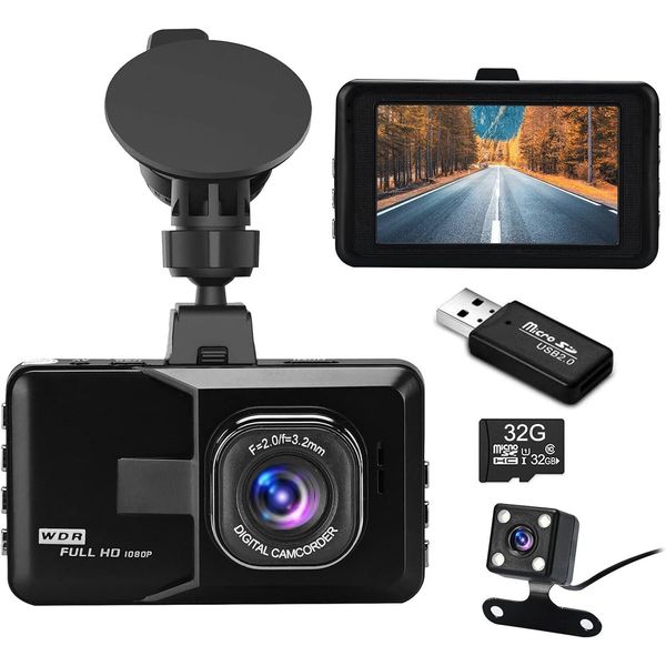 Dashcam Anteriore E Posteriore Per Auto — Dash Cam Con Schermo Ips Da 3 Pollici Fhd 1080P, Per Auto Con Grandangolo 170°, Visione Notturna Super, Sensore G, Registrazione In Loop-image