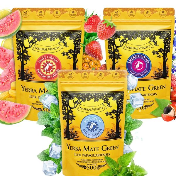 Mate Green Yerba Mate Set 3X500G - Melon Guava, Mega Menta & Energy Boost - Tè Mate Premium Dal Brasile, Fruttato E Rinfrescante, Senza Amarezza-image