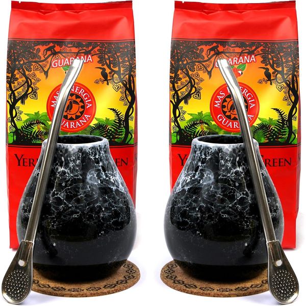 Yerba Mate Verde Set Per Due - Mate Verde Mas Energia Guarana 2X200G Tè Mate - Mate Mug Marmol X2 - Bombilla Liza 19Cm X2 - Tè Mate Vegan-image