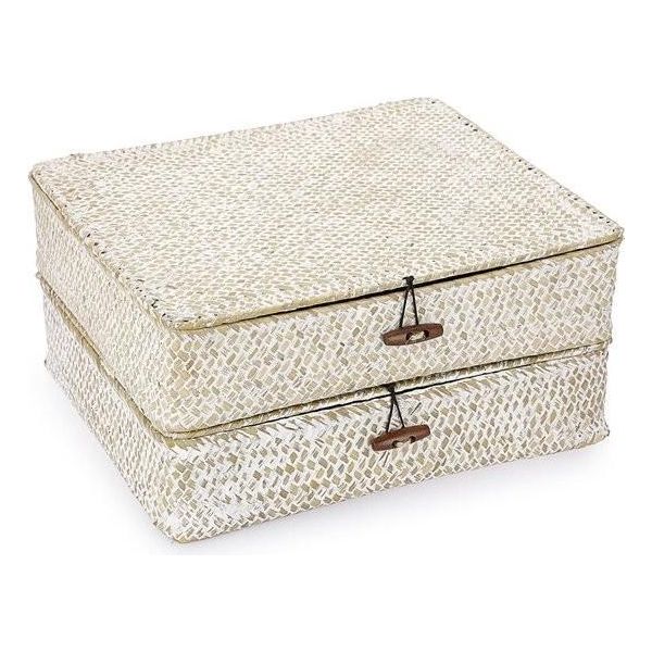 2 Cestini In Vimini Con Coperchio - Contenitore Per Scaffali - Ufficio, Cucina, Giardino - 32 X 28 X 7 Cm, Cestino In Vimini Bianco-image
