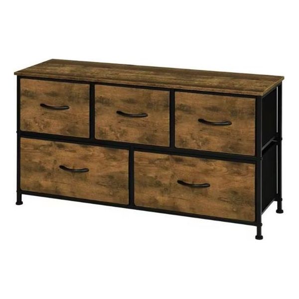 Mobile Tv Con 5 Cassetti - Mobile Contenitore Con Piano In Legno E Struttura In Metallo - Per Il Soggiorno, La Camera Da Letto O Il Corridoio - Look Vintage In Legno - 100 X 54 X 30 Cm - Stabile E Salvaspazio-image