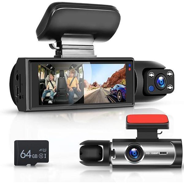 Dash Cam Con 64GB Sd Card, Fhd 1080P 3,16 Pollici Ips Touchscreen Display Doppia Telecamera Auto Con Super Visione Notturna, Wdr, Grandangolo-image