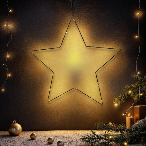 Stella Illuminata In Metallo Da Appendere Nera Con Timer - 20 Led - Stella Silhouette 50 Cm Illuminata Bianco Caldo A Batteria-image