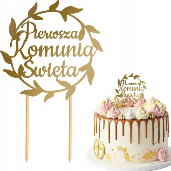 Cake Topper Decorazione Prima Santa Comunione Foglie Oro-image