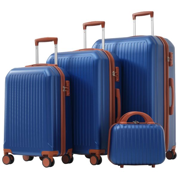 Flieks Set Di Valigie Trolley 4 Pezzi, Set Di Valigie Da Viaggio Con Custodia Per Cosmetici, Valigia Con 4 Ruote E Chiusura Tsa, Trolley Rigido, S-M-L-XL, Blu-image