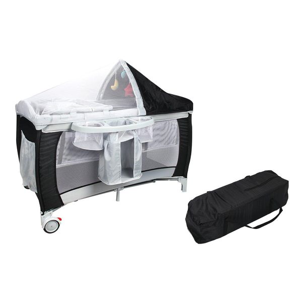 Costway Lettino Da Viaggio Lettino Pieghevole Lettino Da Viaggio Per Bambini Lettino Da Viaggio + Fasciatoio Con Funzione Dondolo Nero-image