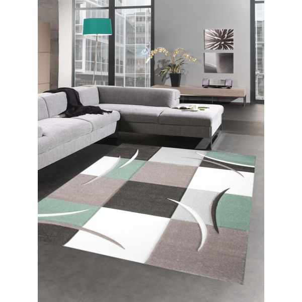 Tappeto Di Design Per Il Soggiorno A Quadri Verde Menta Pastello Marrone Ceme Dimensioni - 80 X 300 Cm-image