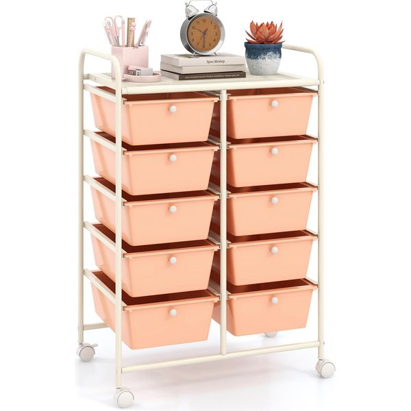 Carrello Costway Con 10 Cassetti, Carrello Con Struttura In Metallo E Ripiano, Carrello Da Bagno, 65,5 X 37 X 87 Cm, Rosa Chiaro-image