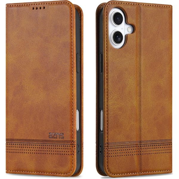 Custodia Iphone 16, Portafoglio Con Chiusura Magnetica E Supporto, Custodia Flip In Pelle Per Iphone 16 Marrone-image
