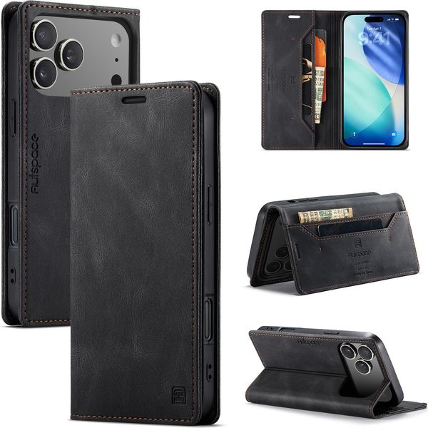 Custodia Per Iphone 17 Pro, Custodia Retrò In Finto Cuoio, Supporto E Custodia Protettiva Nera-image