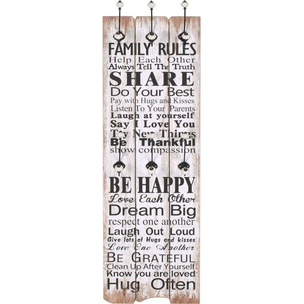 Vidaxl Appendiabiti Da Parete Con 6 Ganci 120 X 40 Cm "Family Rules"""-image