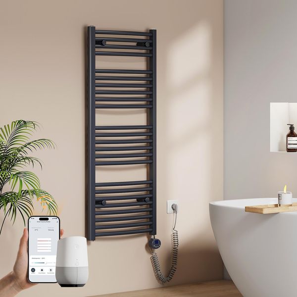 Emke Radiatore Da Bagno Elettrico Curvato Scaldasalviette 500W Controllo Wi-Fi Termostato Intelligente 120X50Cm Antracite Scaldasalviette-image