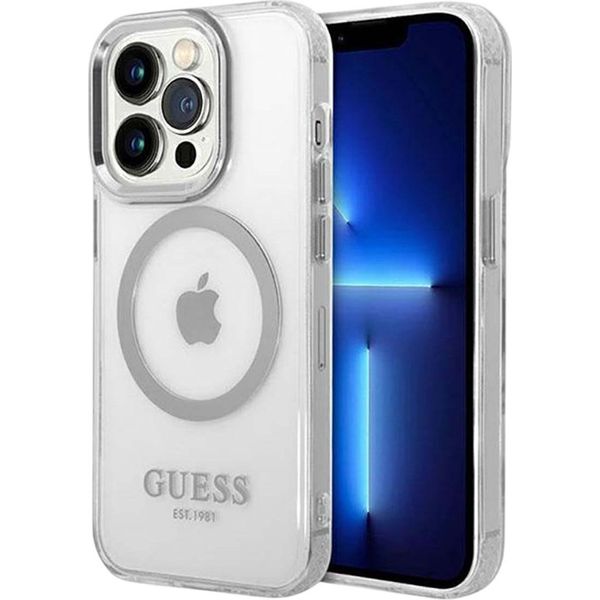 Guess Guhmp14Lhtrms Custodia Rigida Per Iphone 14 Pro 6.1 Argento/Argento Profilo In Metallo Magsafe-image