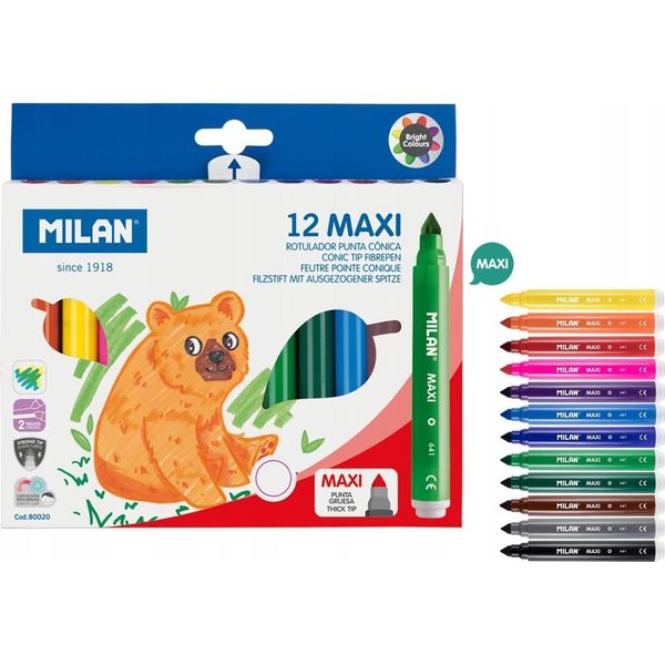 Set Di Pennarelli Maxi Milan - 12 Colori Vivaci Per Un Gioco Creativo! Ideale Per Il Disegno, La Pittura E I Progetti Creativi. Scoprite Il Vostro Potenziale Artistico!-image