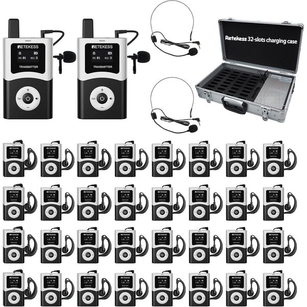 Retekess T130U Sistema Di Guida Turistica, Audioguide, Trasmissione Digitale Con Qualità Audio Ad Alta Risoluzione, Funzionamento Con Un Solo Pulsante, Custodia Di Ricarica Con 34 Slot-image