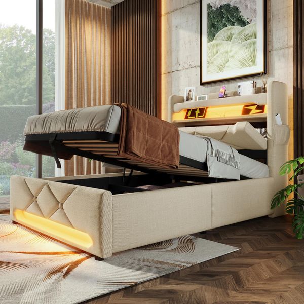 Letto Imbottito Letto Singolo 90 X 200, Testata Contenitore Con Porta Usb E Tipo C, Letti Led Con Contenitore Idraulico, Beige, Senza Materasso-image