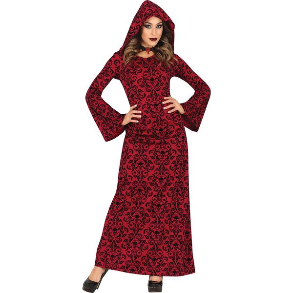 Mago Halloween Abito Rosso Nero Fiaba Medievale Regina Con Cappuccio, Taglia: 36 - 38 (S) Colore: Rosso-image