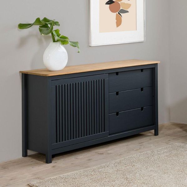Credenza Bruna In Legno Massiccio Colore Grigio Antracite E Pino 150X40X80H - Anta Scorrevole E 3 Cassetti-image