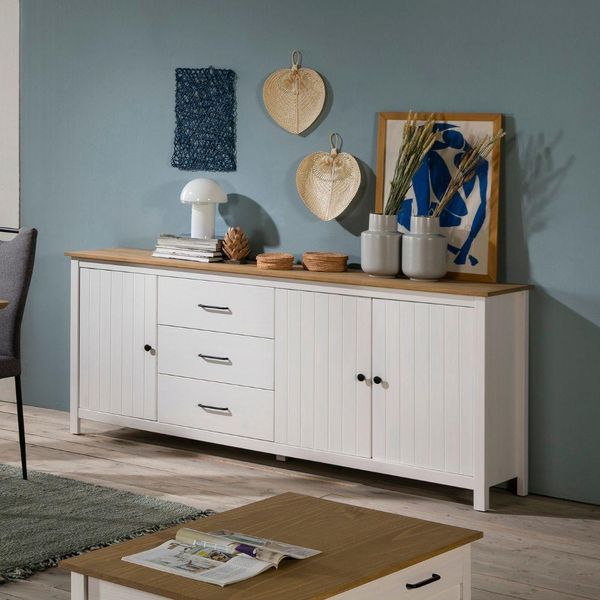 Credenza Miranda In Legno Massiccio Colore Bianco E Pino 191X40X80H - 3 Ante E 3 Cassetti-image