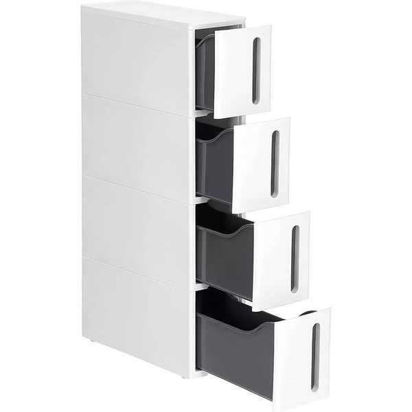 In And Outdoormatch Scaffale A Nicchia Avery - Con Rotelle - Carrello Stretto - Con 4 Cassetti - Mobile - Estensibile - Scaffale Da Bagno - Cucina - Armadio - Con Rotelle - Plastica Pp - Salvaspazio - 45 X 17 X 84 Cm - Bianco/Grigio-image