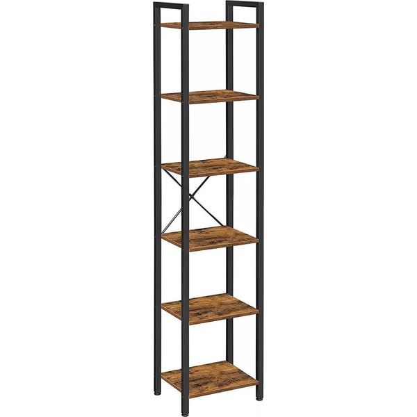 In And Outdoormatch Libreria Raoul - Scaffale Portaoggetti - 6 Ripiani - Scaffali Aperti - Ufficio - Soggiorno - Camera Da Letto - 40 X 30 X 178,6 Cm - Marrone Vintage/Nero-image