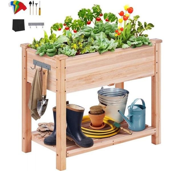 Fioriera A Letto Rialzato In Legno Con Ripiano - Portata 75 Kg - Fioriera Da Giardino Per Terrazze - Letto Per Orto - 86X46X76 Cm - Ideale Per La Coltivazione Di Ortaggi, Frutta E Piante Aromatiche.-image