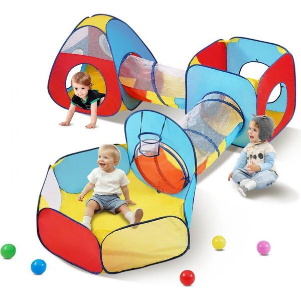 Tenda Da Gioco 5 In 1 Con Tunnel E Canestro Da Basket Per Ragazzi, Ragazze, Neonati E Bambini - Casetta Pop-Up Per Interni Ed Esterni Con Borsa Di Trasporto E Cinghie Di Fissaggio - Regalo Di Compleanno - Rosso, Giallo, Blu.-image