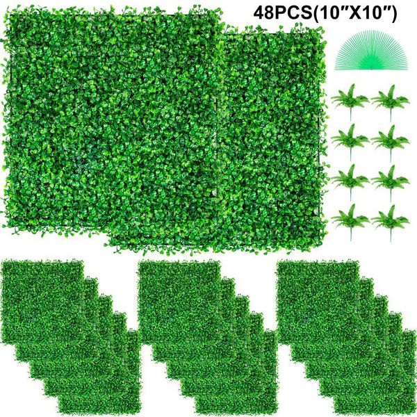 Pianta Artificiale Da Parete 48 Pz. 10X10 Pollici - Schermo Privacy Siepe Artificiale Verde - Pannello Bosso Artificiale Pe - Schermo Privacy Piante Artificiali 25X25 Cm - Parete Decorazione Pianta Muro-image