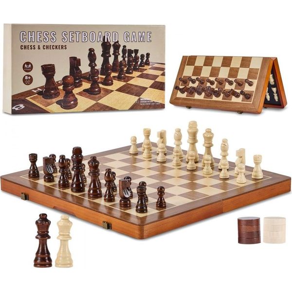 Set Di Scacchi Magnetici In Legno - Set Di Scacchi E Dama 2 In 1 - Scacchiera Pieghevole Per Adulti E Bambini - Regalo Da Viaggio Portatile - Set Di Scacchi Da Torneo Per Professionisti E Principianti-image