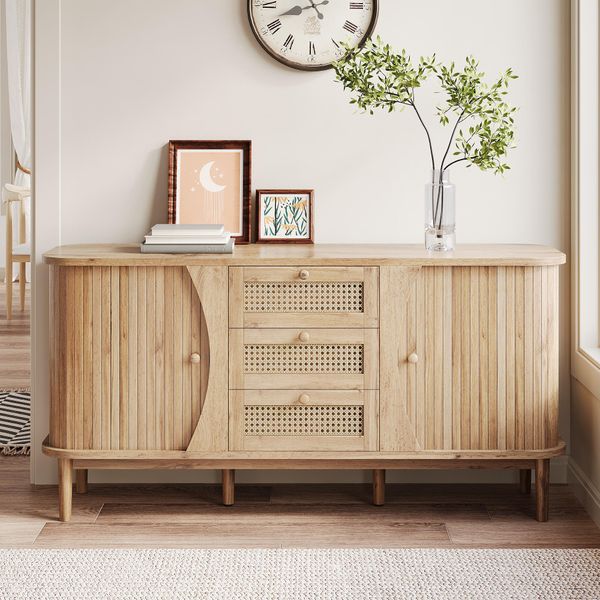 Credenza Merax 140,5X40X76 Cm In Look Legno Con Cassetti In Rattan, Cassettiera Con Ante Scorrevoli E Piano Arrotondato, Ampio Spazio Per Soggiorno, Sala Da Pranzo E Corridoio-image