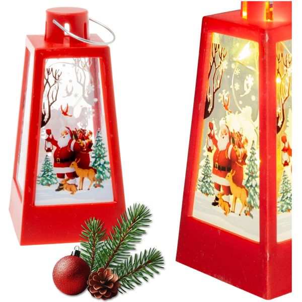 Lanterna Dell'avvento Rossa Con Babbo Natale Per La Vigilia Di Natale Dei Bambini - Lanterna A Led Per L'avvento 12,5 Cm-image
