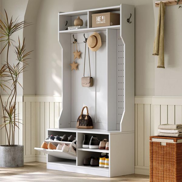 Appendiabiti Merax, Appendiabiti Da Corridoio Con Panca, 1 Ribalta, 6 Ganci, Bacheca In Metallo, Ripiano, Panca Appendiabiti, 100×185,5×40 Cm, Bianco-image