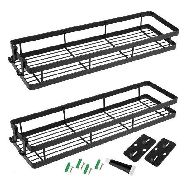Set Di 2 40 X 12 X 5,5 Cm, Portaspezie Da Parete, Portaspezie In Metallo, Organizzatore, Portatutto Da Appendere, Senza Forare, Portaspezie Da Parete, Portaspezie Con Ganci E Accessori Per Cucina, Bagno, Nero-image