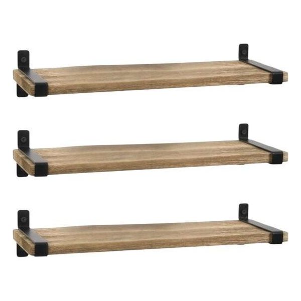 Set Di 3 Mensole Da Parete In Legno - Galleggianti Con Metallo Nero - Rustiche E Vintage-image