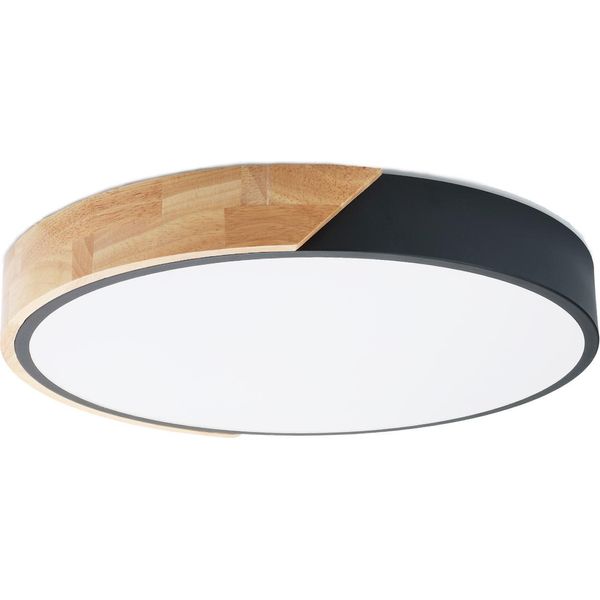 Plafoniera Led Rotonda Ø40Cm, 30W, 3000LM, Metallo Nero E Legno Naturale, Luce Selezionabile (3000K-4000K-6000K)-image