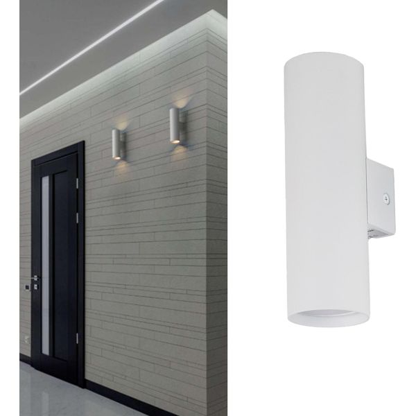 Applique: Doppia Luce Verso L'alto E Verso Il Basso, Alluminio Bianco, 2 Prese GU10, Lampadine Non Incluse.-image