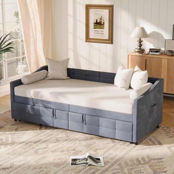 Divano Letto Allungabile Proximax 90×200 Cm In Grigio, Tessuto Vellutato, Con Molla A Gas - Divano E Letto In Uno, Ideale Per Le Camere Degli Ospiti-image