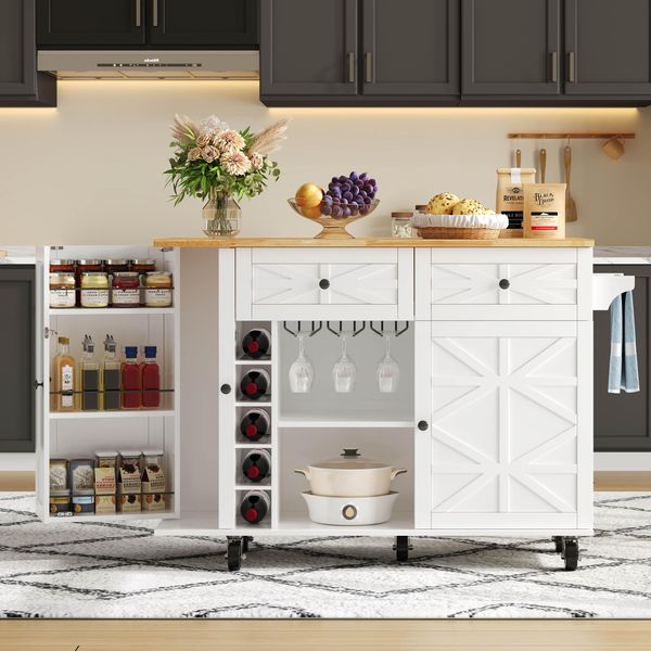 Carrello Da Cucina Flieks Con Portabottiglie E Portabicchieri, Isola Da Cucina Con Piano Di Lavoro Estensibile, Carrello Da Cucina Mobile, Bianco-image