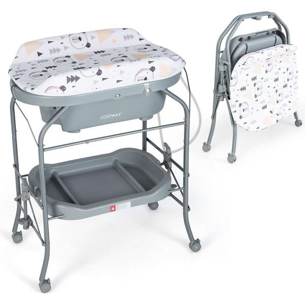 Fasciatoio Costway Con Vasca Da Bagno, Fasciatoio Portatile Con Copertura In Pvc, Vasca Da Bagno, Vano Portaoggetti, Fasciatoio Pieghevole Con 4 Ruote Universali Per Neonati E Bambini, Grigio-image