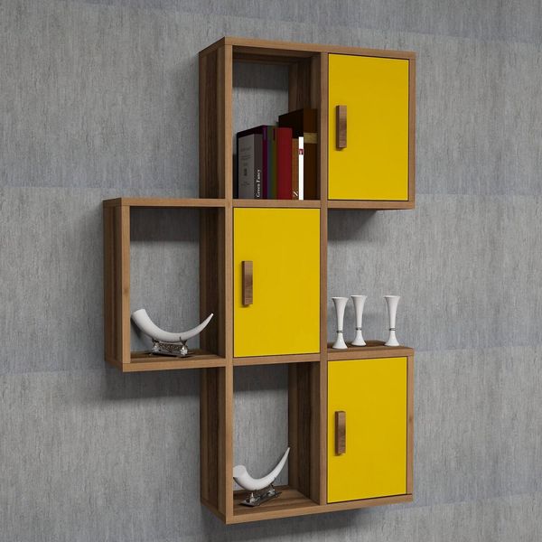 Skye Decor, Flora - Walnut, Yellow, Mensola Da Parete, Noce, 100 % Melamine Coated Slipboard, 50 X 20 X 112,6 Cm-image