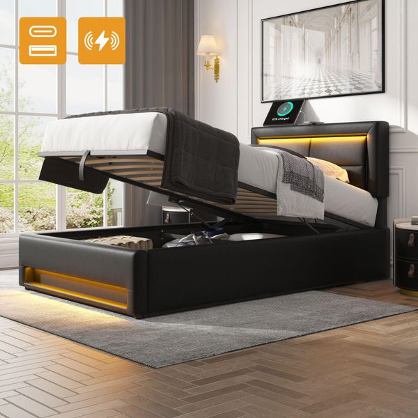 Letto Imbottito Flieks 90X200Cm Con Usb, Letto A Molle Idrauliche Con Led, Letto Contenitore Per Ragazzi Con Rete A Doghe, Letto Singolo In Legno, Pu, Nero-image