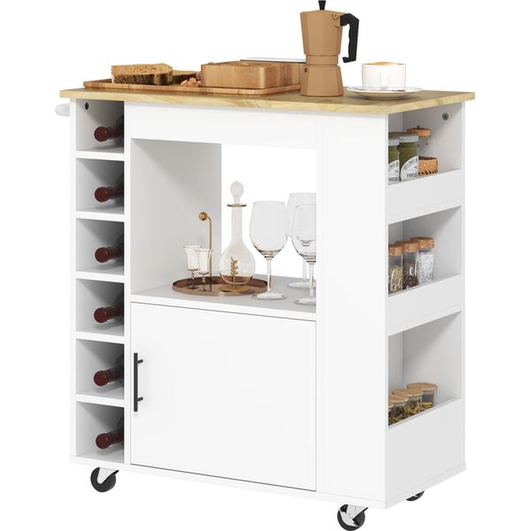 Homcom Carrello Da Cucina Carrello Portavivande Con Piano Di Lavoro, Ripiani, Portabottiglie, Carrello Portaoggetti Da Cucina Con Cerniere Soft-Close, Maniglia, Isola Da Cucina Per Ufficio, 83X40X83Cm, Rovere-image